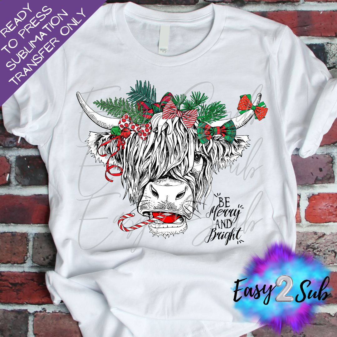 Be Merry and Bright Cow Sublimation Transfer Print, Ready To Press Sublimation Transfer, Image transfer, T-Shirt Transfer Sheet