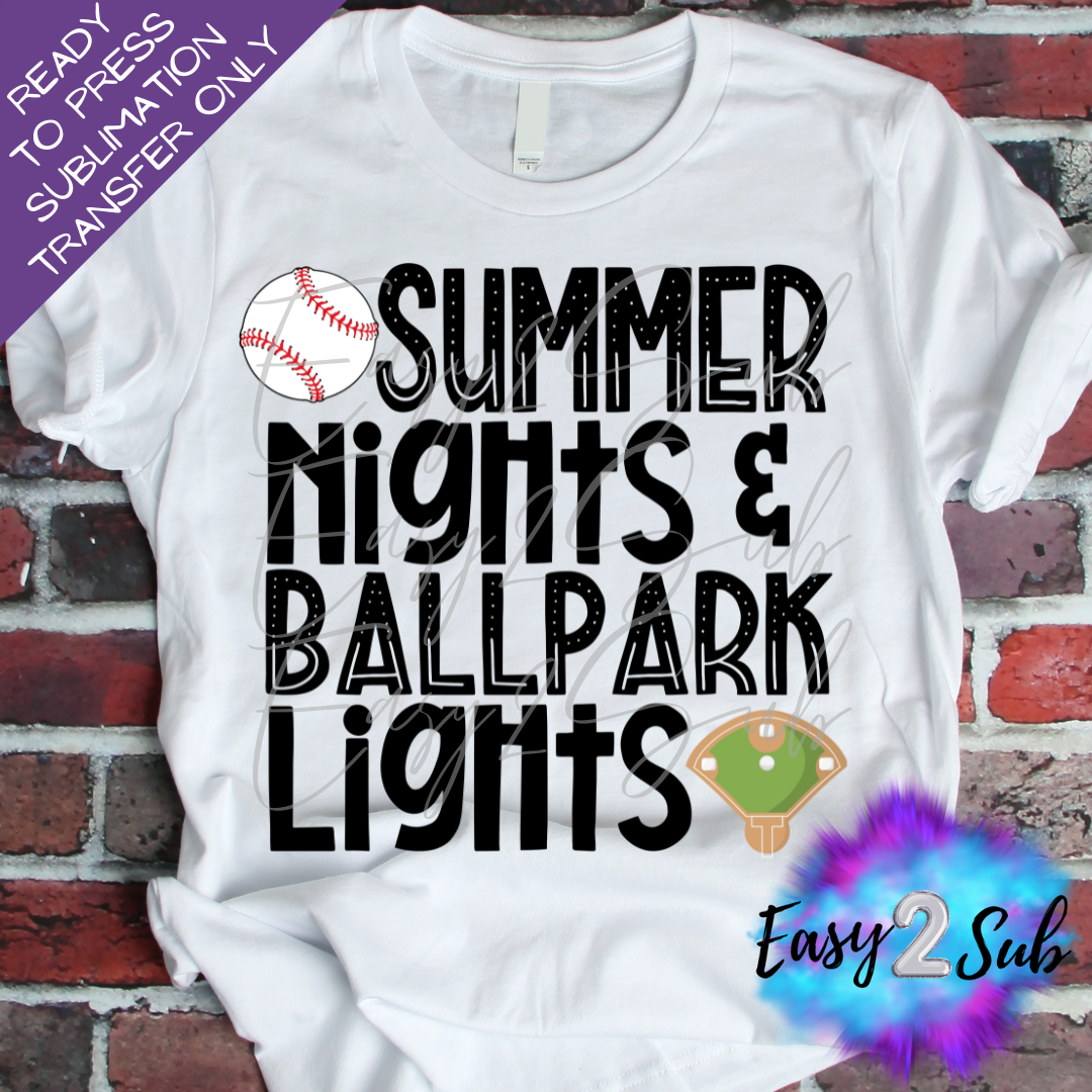 Summer Nights & Ballpark Lights Baseball Sublimation Transfer Print, Ready To Press Sublimation Transfer, Image transfer, T-Shirt Transfer Sheet