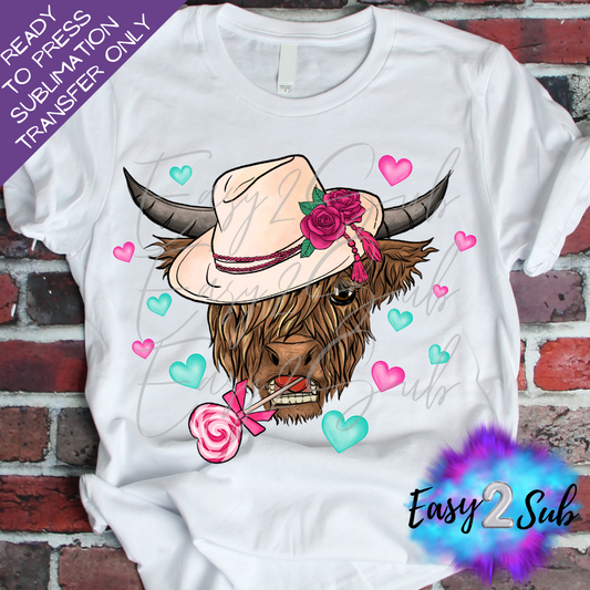 Valentine Highland Cow Sublimation Transfer Print, Ready To Press Sublimation Transfer, Image transfer, T-Shirt Transfer Sheet