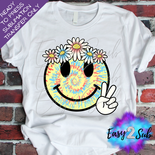 Tie Dye Sunflower Happy Face Sublimation Transfer Print, Ready To Press Sublimation Transfer, Image transfer, T-Shirt Transfer Sheet