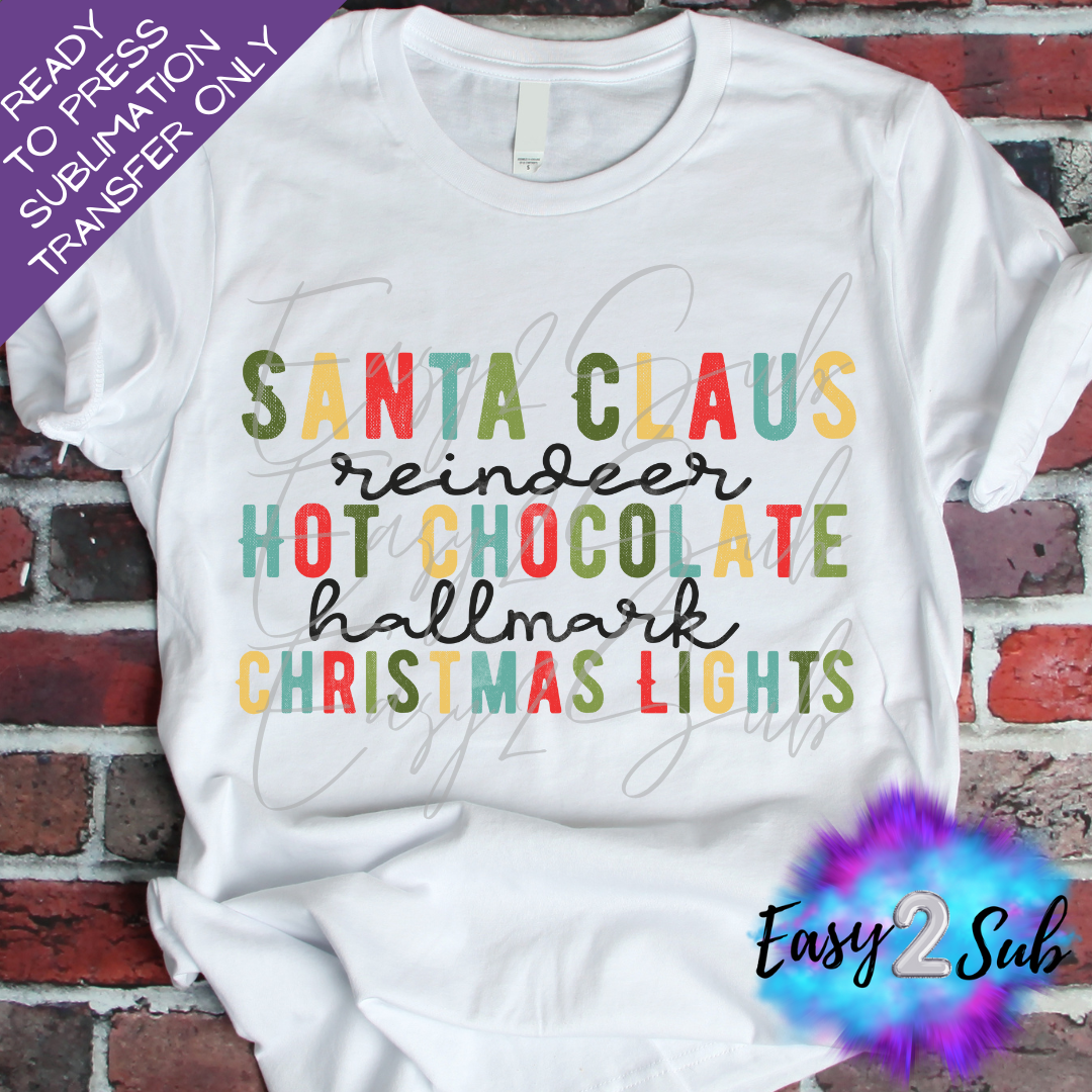 Santa Claus Hot Chocolate Christmas Lights Sublimation Transfer Print, Ready To Press Sublimation Transfer, Image transfer, T-Shirt Transfer Sheet