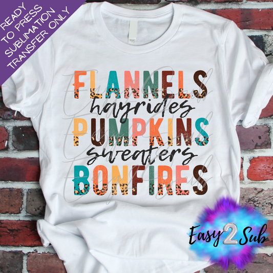 Flannels Hayrides Pumpkins Sweaters Bonfires Sublimation Transfer Print, Ready To Press Sublimation Transfer, Image transfer, T-Shirt Transfer Sheet