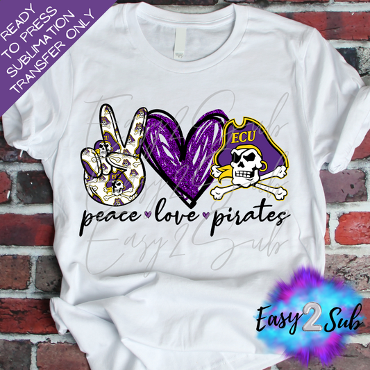 Peace love ECU Pirates Sublimation Transfer Print, Ready To Press Sublimation Transfer, Image transfer, T-Shirt Transfer Sheet