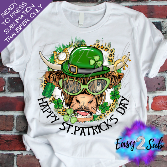 Happy St. Patrick's Day Highland Cow Sublimation Transfer Print, Ready To Press Sublimation Transfer, Image transfer, T-Shirt Transfer Sheet