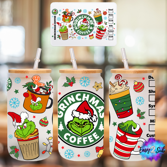 Grinchmas Libbey Glass Can Transfer Print, Ready To Press Sublimation Transfer, Image transfer, Tumbler Transfer Sheet