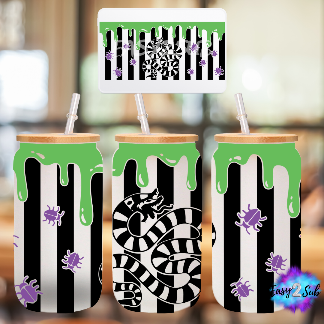 BeetleJuice Libbey Glass Can Transfer Print, Ready To Press Sublimation Transfer, Image transfer, Tumbler Transfer Sheet