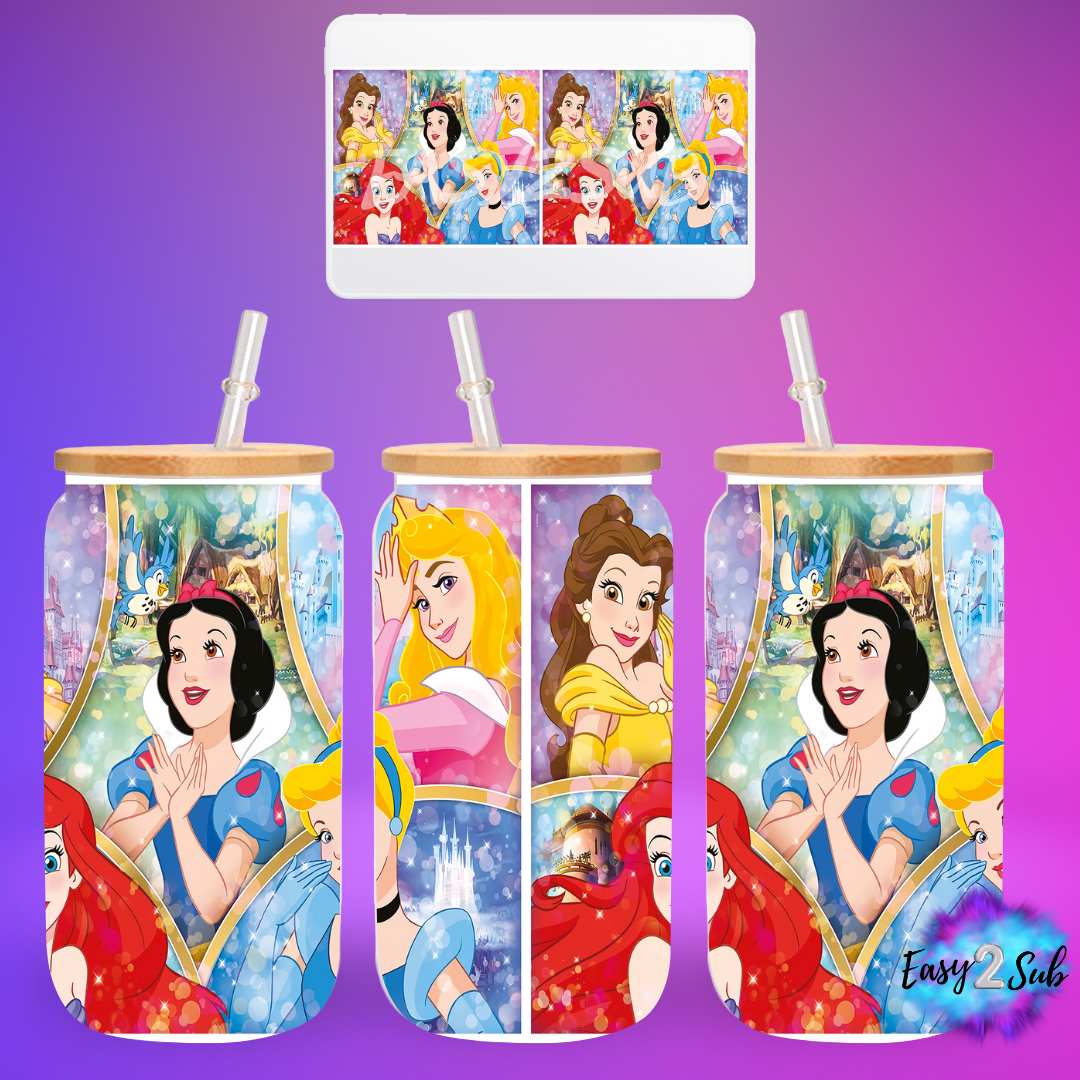 Princesses Libbey Glass Can Transfer Print, Ready To Press Sublimation Transfer, Image transfer, Tumbler Transfer Sheet