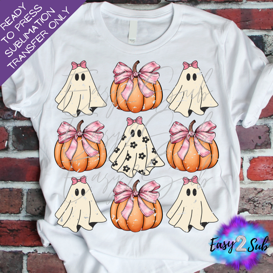 Halloween Ghost Pumpkin Coquette Pink Bow Sublimation Transfer Print, Ready To Press Sublimation Transfer, Image transfer, T-Shirt Transfer Sheet