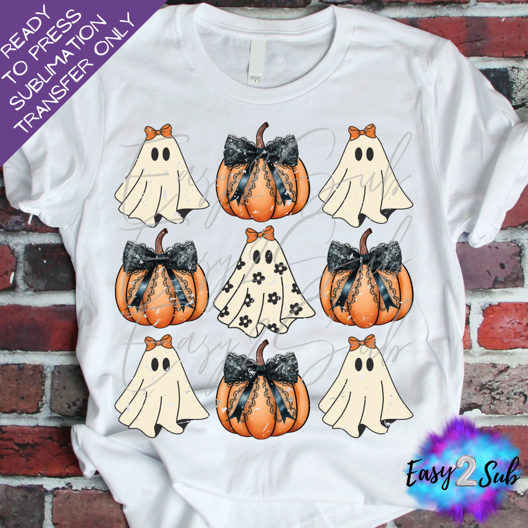 Halloween Ghost Pumpkin Coquette Black Bow Sublimation Transfer Print, Ready To Press Sublimation Transfer, Image transfer, T-Shirt Transfer Sheet