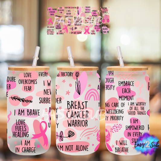 Breast Cancer Warrior Libbey Glass Can Transfer Print, Ready To Press Sublimation Transfer, Image transfer, Tumbler Transfer Sheet