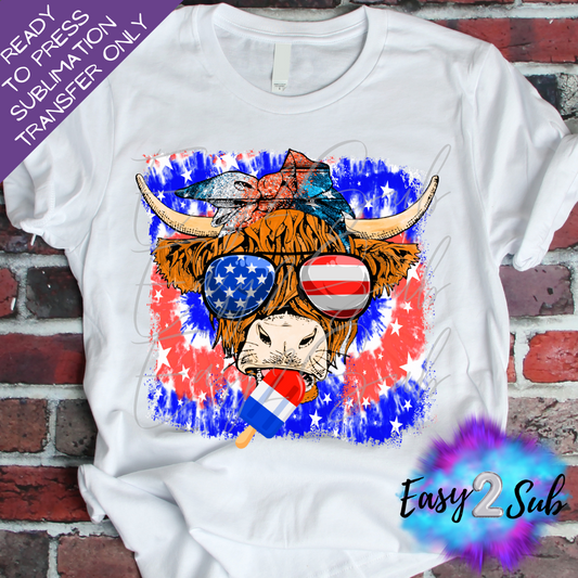 July 4th Highland Cow with Popsicle Sublimation Transfer Print, Ready To Press Sublimation Transfer, Image transfer, T-Shirt Transfer Sheet