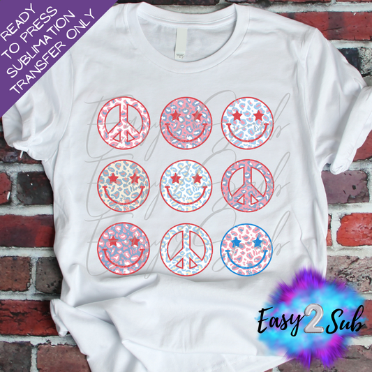 American Peace Sign Smiley Faces Sublimation Transfer Print, Ready To Press Sublimation Transfer, Image transfer, T-Shirt Transfer Sheet