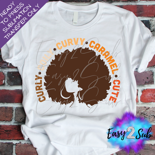 Curly Coily Curvy Caramel Cute Sublimation Transfer Print, Ready To Press Sublimation Transfer, Image transfer, T-Shirt Transfer Sheet